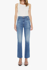 The Hustler Flood All Your Eggs In One Basket by MOTHER - high rise flare jeans in mid blue wash with cropped length and clean hem, perfect for everyday styling.
