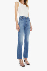 The Hustler Flood All Your Eggs In One Basket by MOTHER - high rise flare jeans in mid blue wash with cropped length and clean hem, perfect for everyday styling.