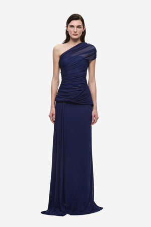 The Interwoven Maxi Dress Deep Blue by Misha – one shoulder silk tulle maxi dress with ruched waist and waterfall sash.