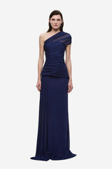 The Interwoven Maxi Dress Deep Blue by Misha – one shoulder silk tulle maxi dress with ruched waist and waterfall sash.