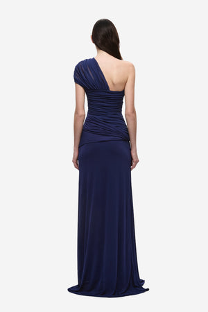 The Interwoven Maxi Dress Deep Blue by Misha – one shoulder silk tulle maxi dress with ruched waist and waterfall sash.