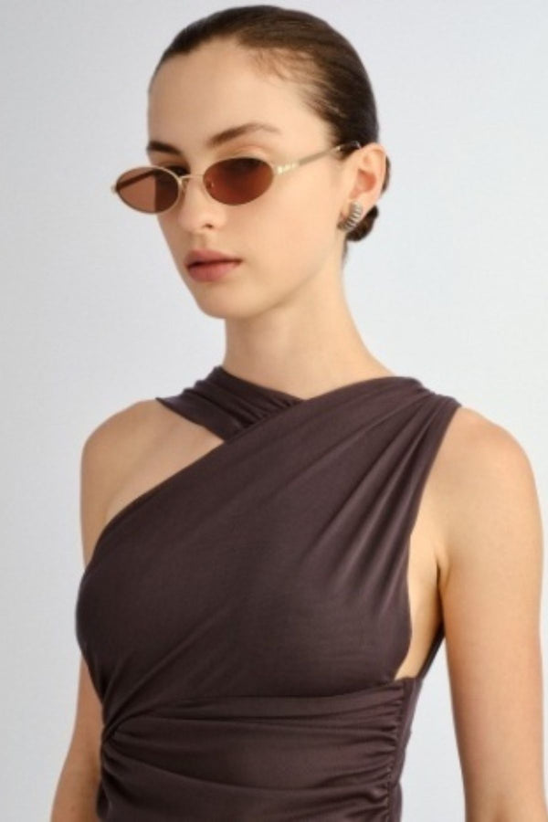 The Kendall Gold by Luv Lou - small oval sunglasses with gold metal frame and brown mono lenses, perfect for refined everyday styling.