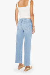 The Mid Rise Rambler Zip Ankle Fray Comeback Kid by MOTHER – mid rise straight leg jeans with frayed hem and faded wash.