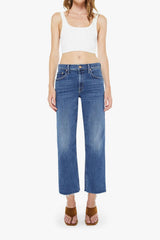 The Newbie Ankle Fray Prized Possession by MOTHER - mid rise straight leg jeans with frayed hem and mid blue wash, perfect for everyday denim styling.