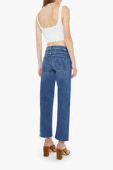 The Newbie Ankle Fray Prized Possession by MOTHER - mid rise straight leg jeans with frayed hem and mid blue wash, perfect for everyday denim styling.