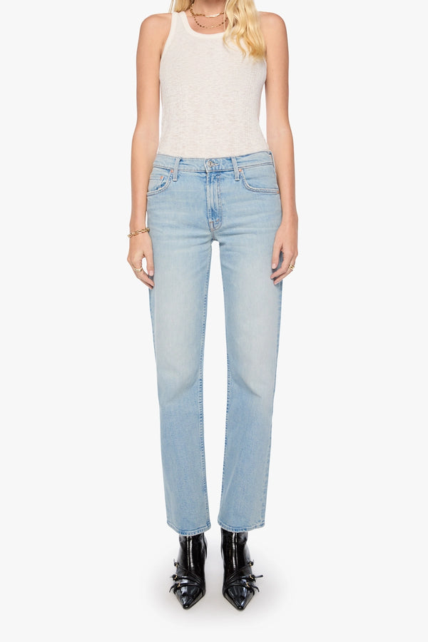 The Newbie Skimp Go Long by MOTHER – straight leg jeans in faded blue denim. Perfect for everyday styling.