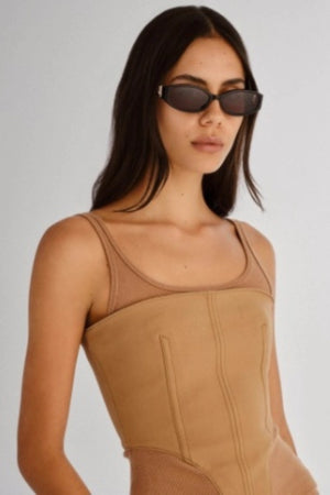 Lottie in Black by Luv Lou, luxe rectangle sunglasses with sculpted angles, gold hardware, and smoke mono CR39 lenses.