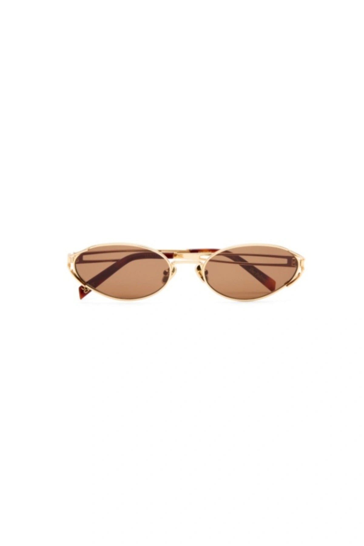 Paloma in Gold by Luv Lou, vintage-inspired oval sunglasses with split temples, brown mono CR39 lenses, and debossed hinge.
