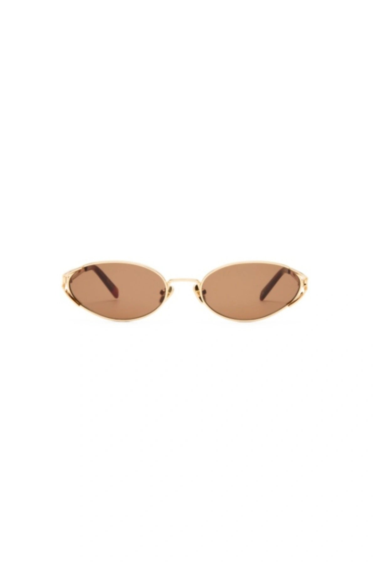 Paloma in Gold by Luv Lou, vintage-inspired oval sunglasses with split temples, brown mono CR39 lenses, and debossed hinge.
