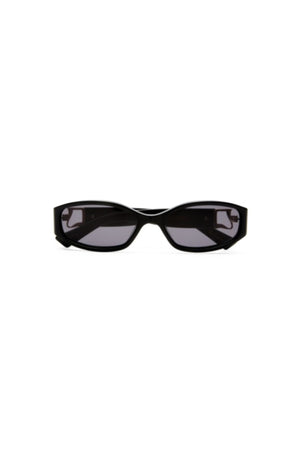 Lottie in Black by Luv Lou, luxe rectangle sunglasses with sculpted angles, gold hardware, and smoke mono CR39 lenses.