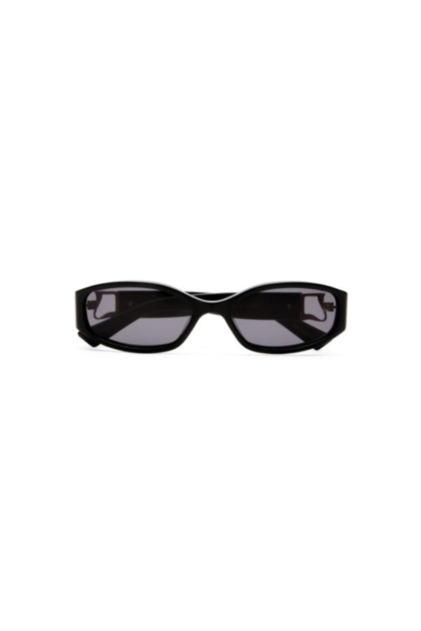 Lottie in Black by Luv Lou, luxe rectangle sunglasses with sculpted angles, gold hardware, and smoke mono CR39 lenses.