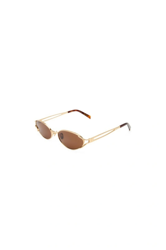 Paloma in Gold by Luv Lou, vintage-inspired oval sunglasses with split temples, brown mono CR39 lenses, and debossed hinge.