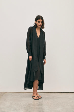 The Pepa Dress Noir by Solaqua – sheer cotton silk layering dress with scarf panels and flowing silhouette.