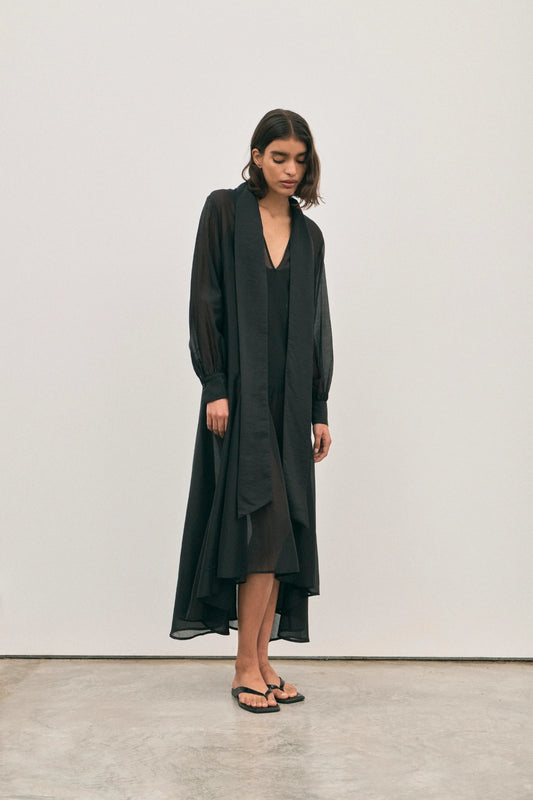 The Pepa Dress Noir by Solaqua – sheer cotton silk layering dress with scarf panels and flowing silhouette.