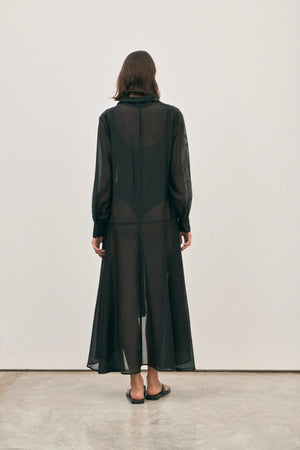 The Pepa Dress Noir by Solaqua – sheer cotton silk layering dress with scarf panels and flowing silhouette.