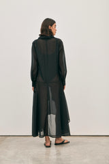 The Pepa Dress Noir by Solaqua – sheer cotton silk layering dress with scarf panels and flowing silhouette.