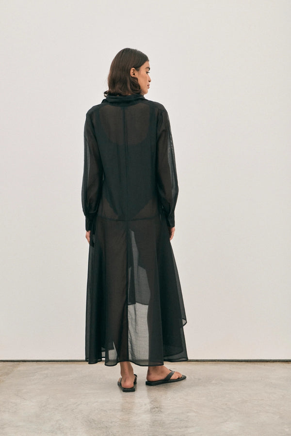 The Pepa Dress Noir by Solaqua – sheer cotton silk layering dress with scarf panels and flowing silhouette.