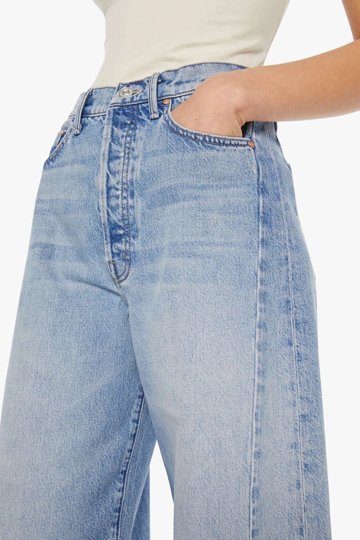 The Pipe Dream Button Sneak High Rise Jeans in Leap At The Chance by MOTHER, bold barrel-leg denim with contrast stitching and side insets for a structured, statement fit.