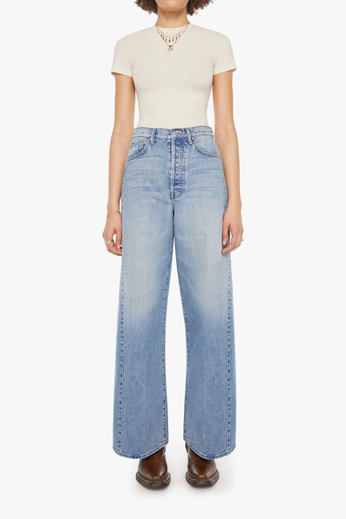 The Pipe Dream Button Sneak High Rise Jeans in Leap At The Chance by MOTHER, bold barrel-leg denim with contrast stitching and side insets for a structured, statement fit.