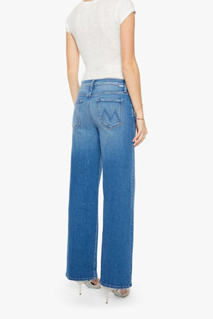 The Rerun Sneak Kissing The Caddy by MOTHER, wide leg denim with high rise fit and faded blue wash, relaxed everyday jeans for casual styling.