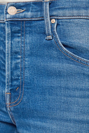 The Rerun Sneak Kissing The Caddy by MOTHER, wide leg denim with high rise fit and faded blue wash, relaxed everyday jeans for casual styling.