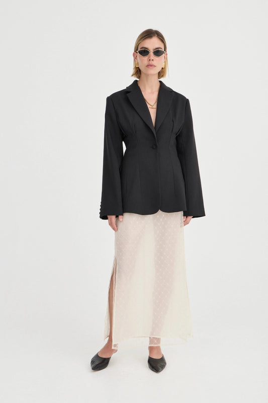The Saasha Beaded Skirt Ivory by Solaqua – sheer beaded maxi skirt with side split and fluid silhouette.