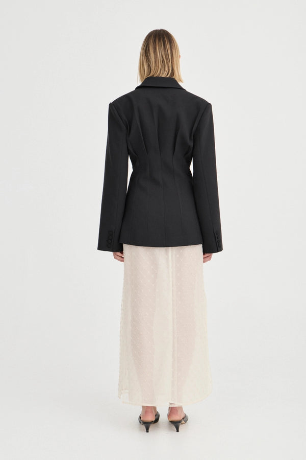 The Saasha Beaded Skirt Ivory by Solaqua – sheer beaded maxi skirt with side split and fluid silhouette.