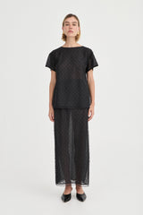 The Saasha Beaded Skirt Noir by Solaqua – sheer beaded maxi skirt with side split and fluid silhouette.