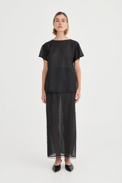 The Saasha Beaded Skirt Noir by Solaqua – sheer beaded maxi skirt with side split and fluid silhouette.