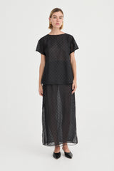 The Saasha Beaded Skirt Noir by Solaqua – sheer beaded maxi skirt with side split and fluid silhouette.