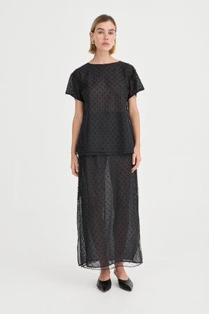 The Saasha Beaded Skirt Noir by Solaqua – sheer beaded maxi skirt with side split and fluid silhouette.