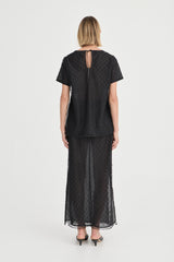 The Saasha Beaded Skirt Noir by Solaqua – sheer beaded maxi skirt with side split and fluid silhouette.