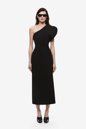 The Sculpted One Shoulder Midi Dress Black by Misha – one shoulder bonded crepe midi dress with sculpted silhouette.