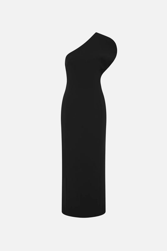 The Sculpted One Shoulder Midi Dress Black by Misha – one shoulder bonded crepe midi dress with sculpted silhouette.