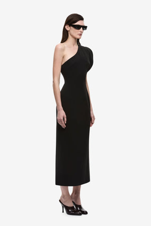 The Sculpted One Shoulder Midi Dress Black by Misha – one shoulder bonded crepe midi dress with sculpted silhouette.