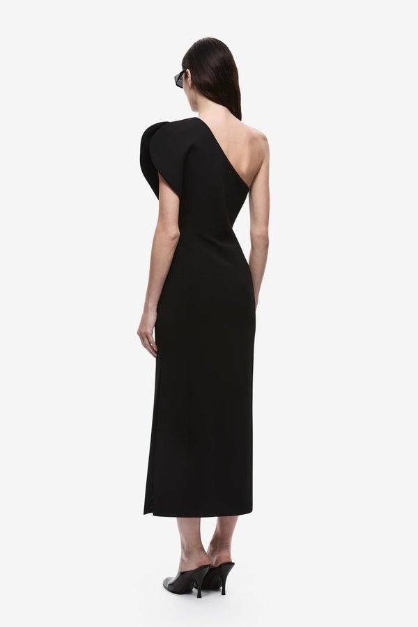The Sculpted One Shoulder Midi Dress Black by Misha – one shoulder bonded crepe midi dress with sculpted silhouette.