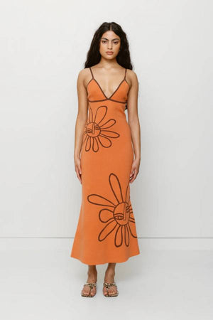 The Wolf Gang Soleil Knit Midi Dress in Jaffa, a form-fitting intarsia knit midi with floral motifs, V-scoop neckline, contrast straps, and low back.