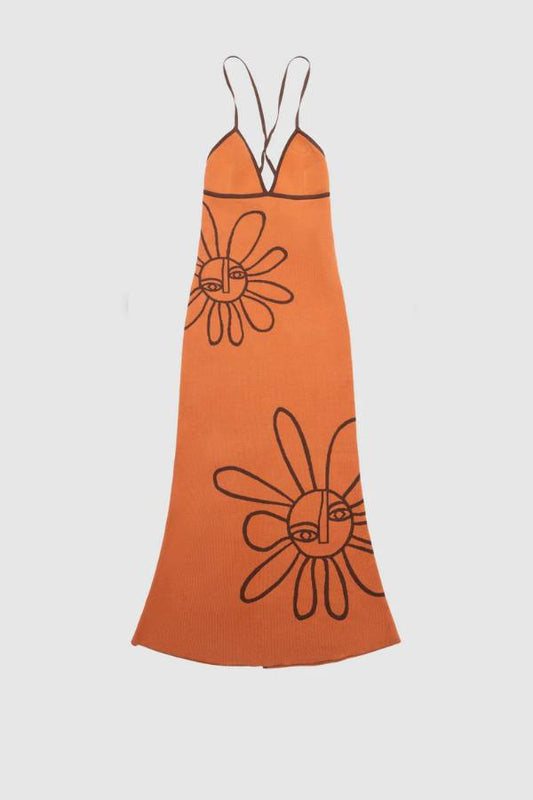 The Wolf Gang Soleil Knit Midi Dress in Jaffa, a form-fitting intarsia knit midi with floral motifs, V-scoop neckline, contrast straps, and low back.