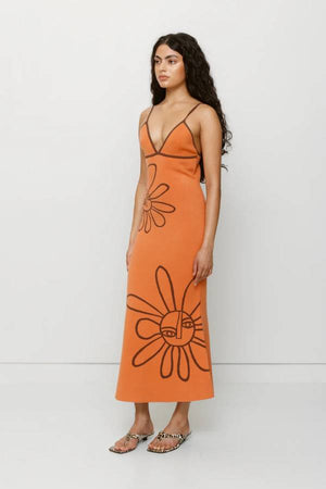 The Wolf Gang Soleil Knit Midi Dress in Jaffa, a form-fitting intarsia knit midi with floral motifs, V-scoop neckline, contrast straps, and low back.