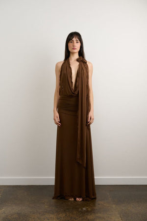 Thea Dress Chocolate by DŽO, halter maxi dress with draped neckline and flowing silhouette, elegant statement dress perfect for events and evening wear.