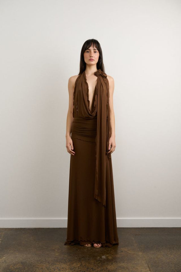 Thea Dress Chocolate by DŽO, halter maxi dress with draped neckline and flowing silhouette, elegant statement dress perfect for events and evening wear.