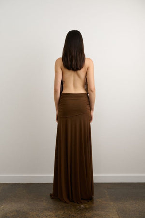 Thea Dress Chocolate by DŽO, halter maxi dress with draped neckline and flowing silhouette, elegant statement dress perfect for events and evening wear.