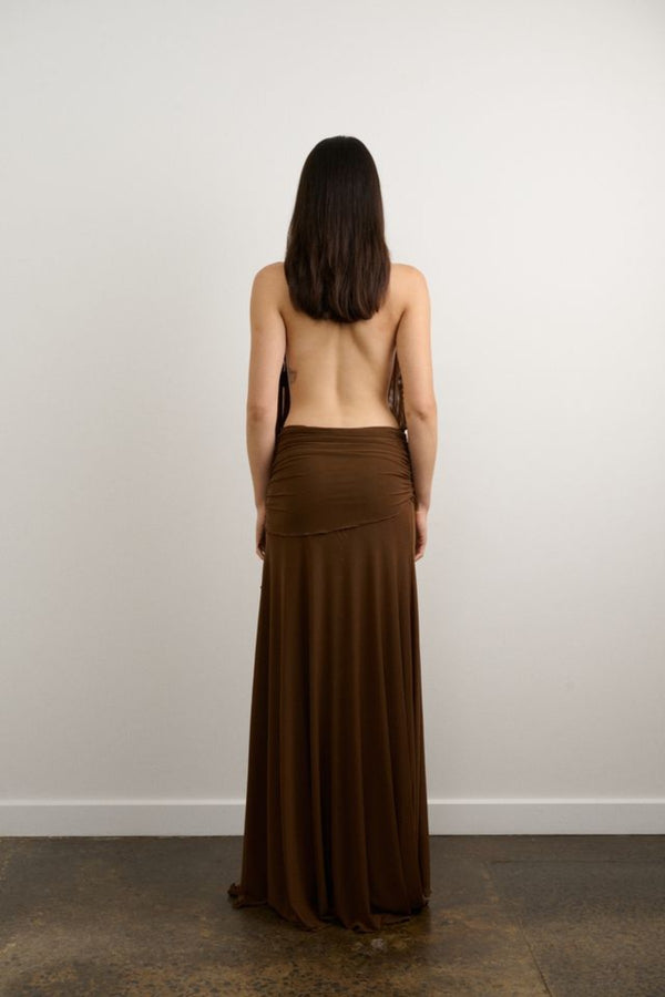 Thea Dress Chocolate by DŽO, halter maxi dress with draped neckline and flowing silhouette, elegant statement dress perfect for events and evening wear.