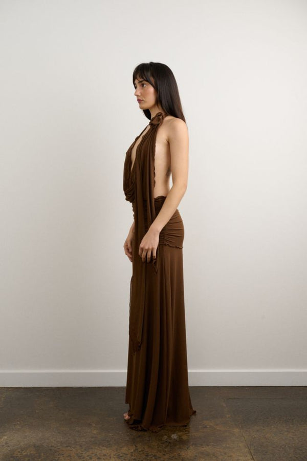 Thea Dress Chocolate by DŽO, halter maxi dress with draped neckline and flowing silhouette, elegant statement dress perfect for events and evening wear.