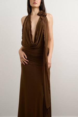 Thea Dress Chocolate by DŽO, halter maxi dress with draped neckline and flowing silhouette, elegant statement dress perfect for events and evening wear.