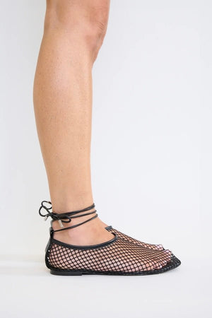 Theos Flat Black White by Pfeiffer, mesh flats with lace up detail and square toe. Perfect for everyday wear or standout styling.