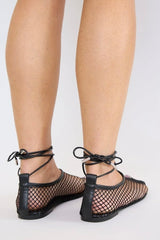 Theos Flat Black White by Pfeiffer, mesh flats with lace up detail and square toe. Perfect for everyday wear or standout styling.