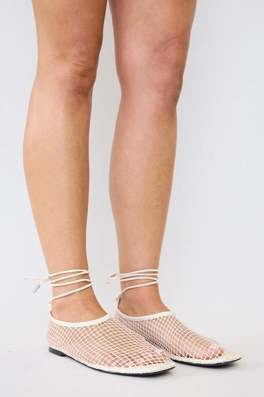 Theos Mesh Flat Powder by Pfeiffer, mesh flats with lace up detail and square toe. Perfect for everyday wear or standout styling.