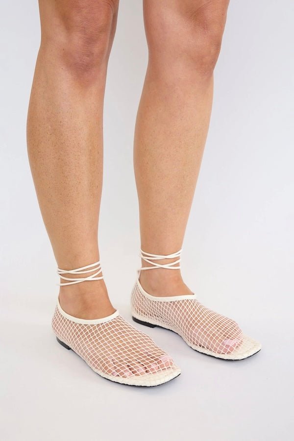 Theos Mesh Flat Powder by Pfeiffer, mesh flats with lace up detail and square toe. Perfect for everyday wear or standout styling.