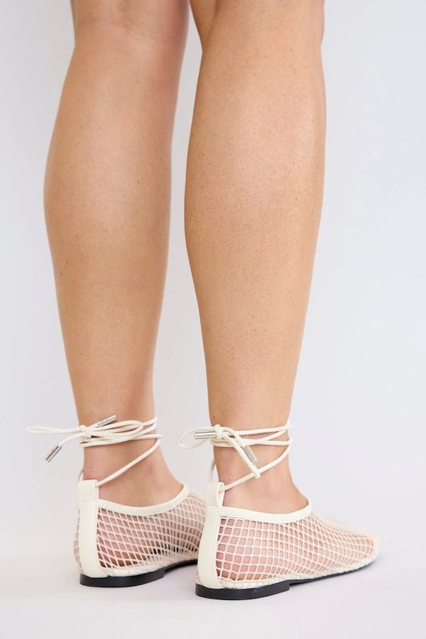 Theos Mesh Flat Powder by Pfeiffer, mesh flats with lace up detail and square toe. Perfect for everyday wear or standout styling.